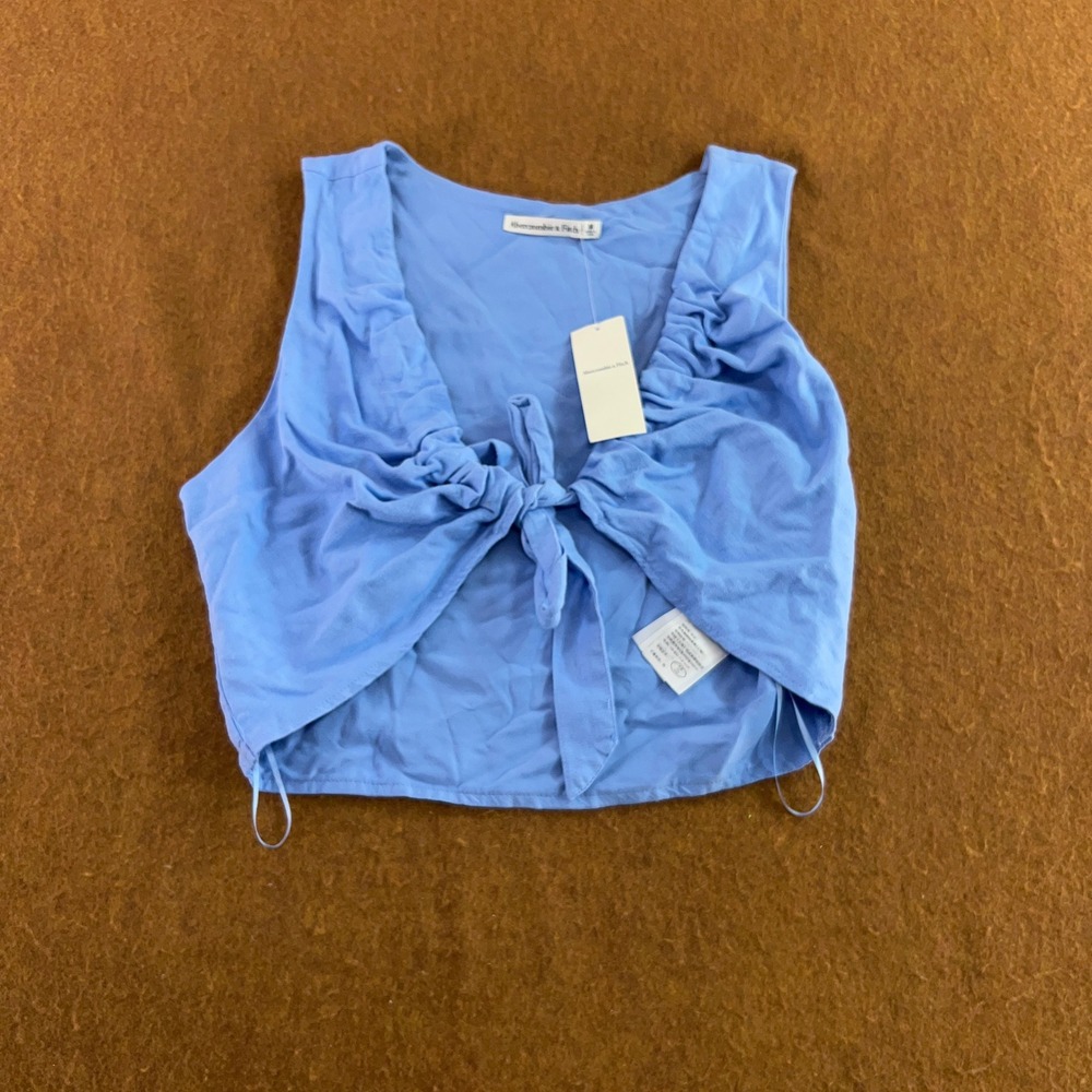 Abercrombie & Fitch Womens Medium Blue Linen Blend Front Tie Crop Top NWT